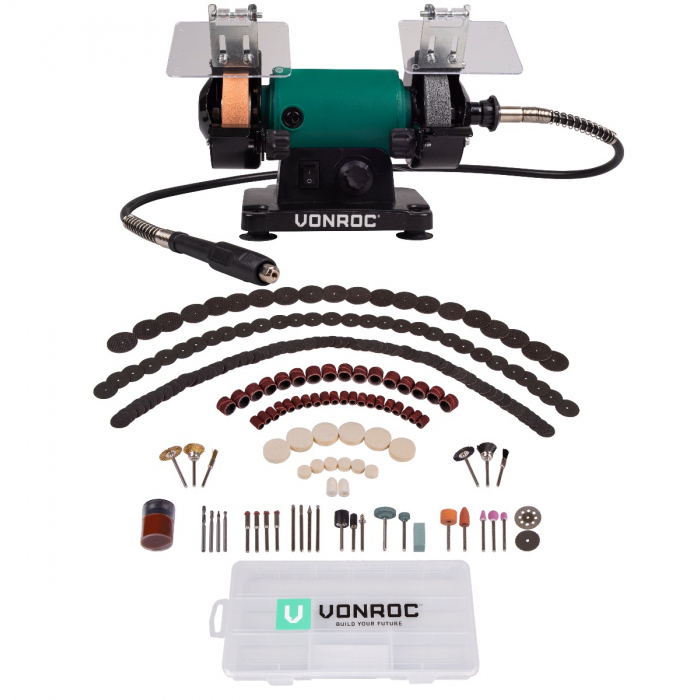 Polizor de banc 150W - 75mm cu ax flexibil si 192 accesorii main product photo