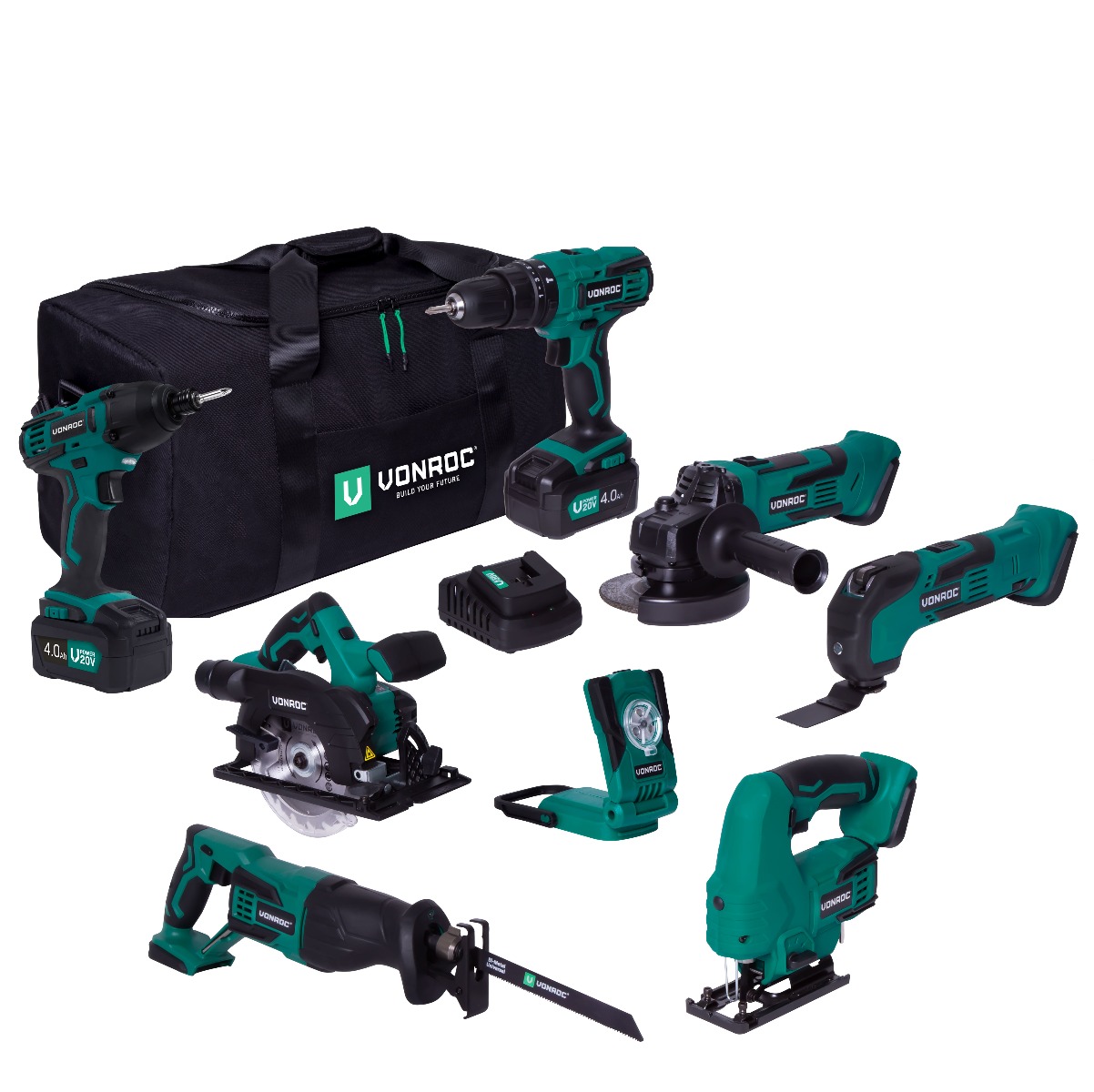 Set scule VPower 20V - 4.0Ah | Incl. 7 masini, 2 baterii, incarcator