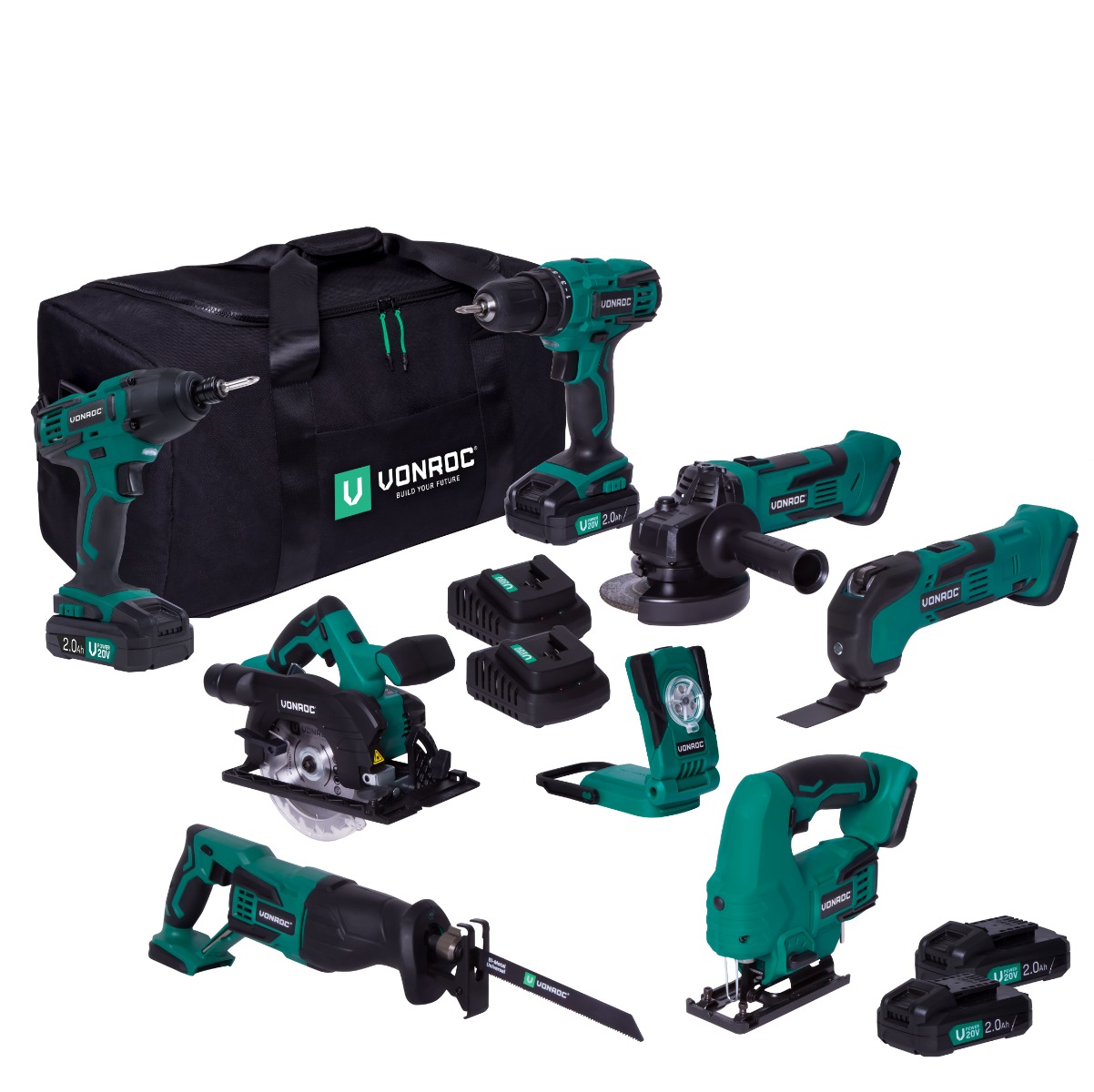 Set scule VPower 20V - 2.0Ah | Incl. 7 masini, 4 baterii si 2